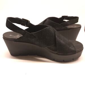 Bos & Co. Payton Wedge Platform Black Leather Sandal Lug Sole, EU 39, US 8-8.5